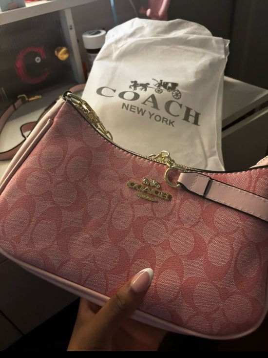 Coach Handbags - Coach Pink Signature Canvas Shoulder Bag with Gold Hardware